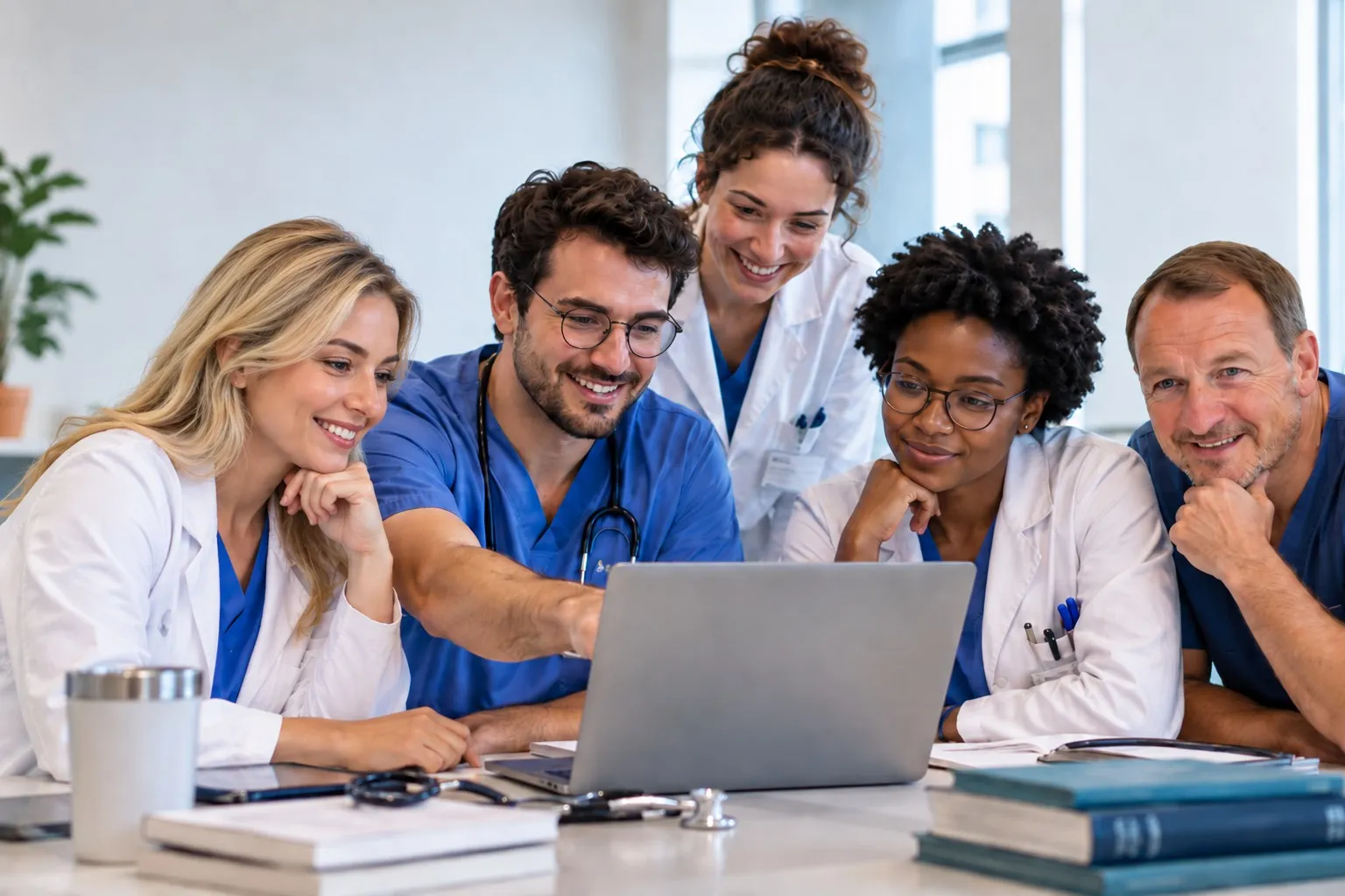 Five doctors gathered around a laptop, reading an article together
